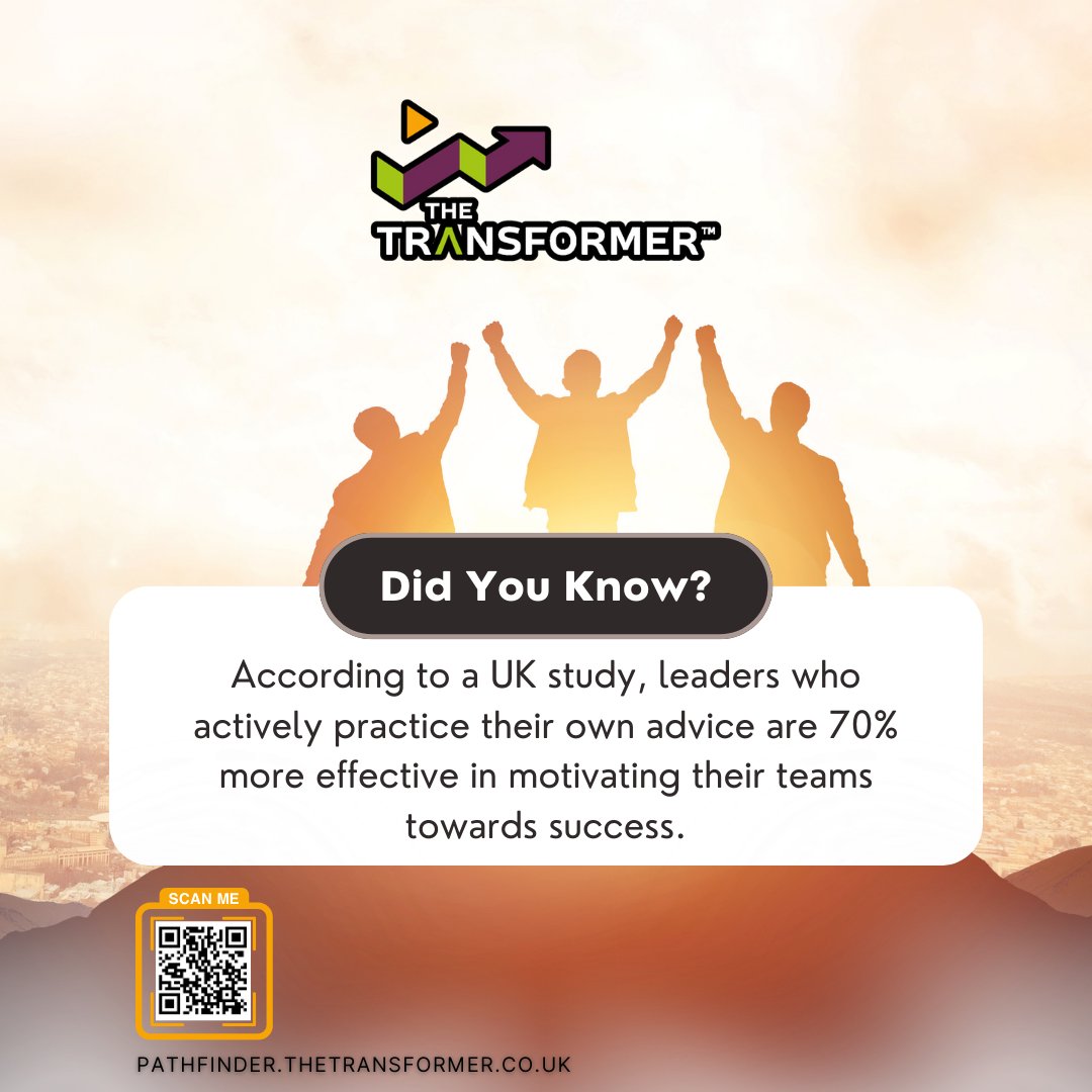 The1Transformer's tweet photo. Unlock the secret to inspirational leadership! 🌟 A recent UK study reveals a fascinating insight: leaders who walk the talk are 70% more effective in inspiring their teams. It's not just about giving advice; it's about living it. #LeadershipGoals #LeadByExample #MotivationMonday https://t.co/2fkR5QYevt