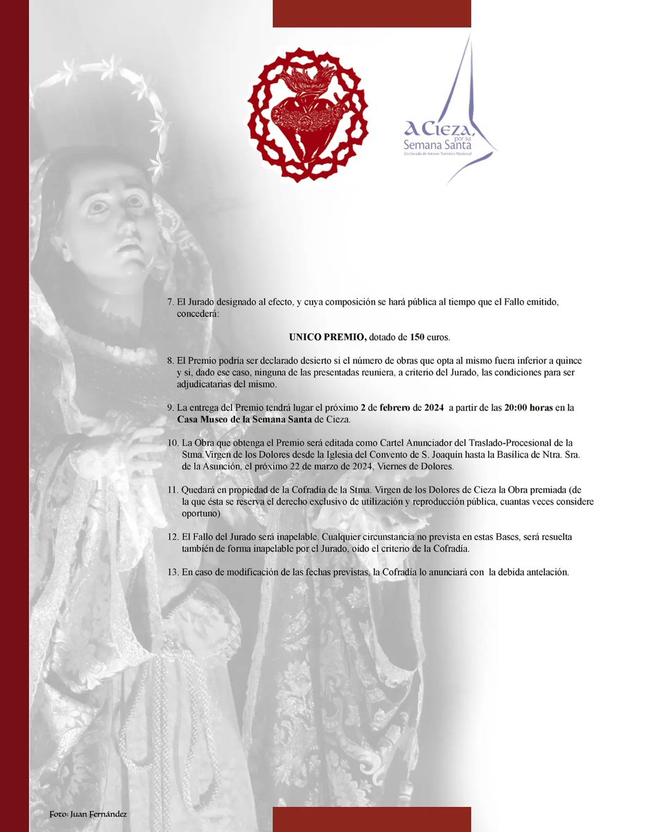 VI CONCURSO CARTEL ANUNCIADOR "VIERNES DE DOLORES EN CIEZA"

Aquí podéis consultar las bases.

El plazo de presentación de las obras será del LUNES 29 DE ENERO al MIÉRCOLES 31 DE ENERO de 2024.

#dolorosacieza #aciezaporsusemanasanta