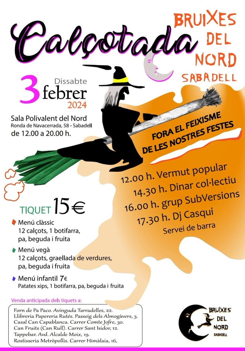 bruixesdelnord's tweet image. 🔥CALÇOTADA de les BRUIXES ‼️
👉 Dissabte 3 de febrer
🔴 Sala Polivalent del Nord
6️⃣ punts de anticipada venda
🌱🌱 Calçots, festa i gresca 🎉🎉