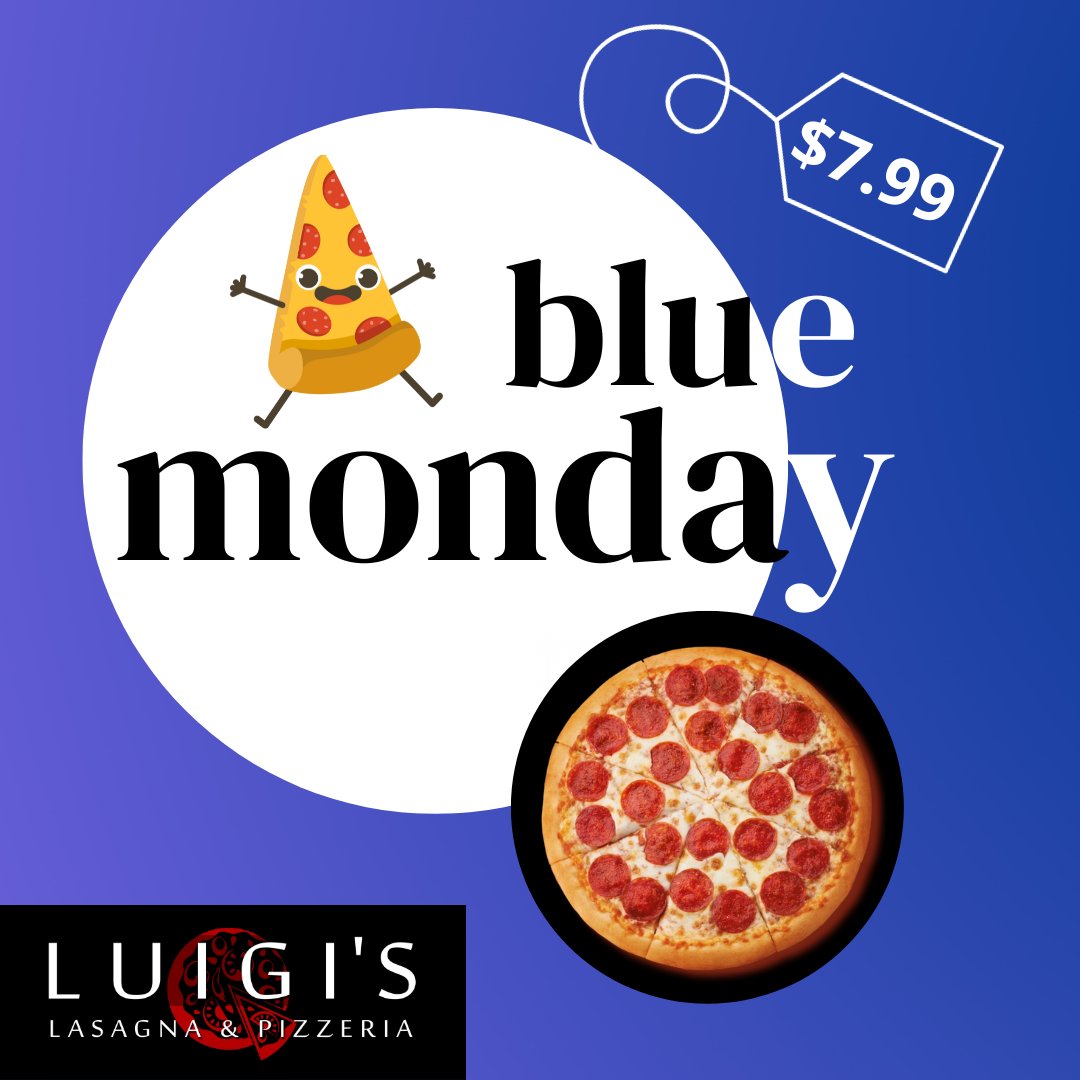 We want to wish all our friends and #MiltonOn Family a wonderful #Monday, but we can’t deny the fact that today is #BlueMonday !
Not if we can help it ! We’ve never seen a person sad while eating pizza, have you ??Today only we are offering our Medium 1 topping special for 7.99 !