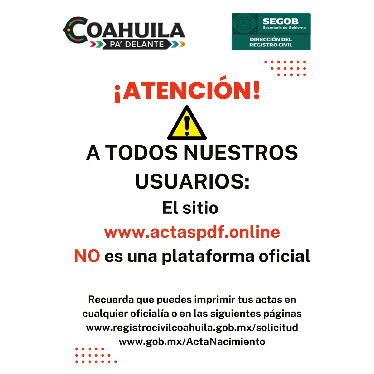 RcivilCoahuila's tweet photo. ATENCIÓN
El sitio https://t.co/cPJ0yD7vvD NO es plataforma oficial.

Imprime tus actas en las siguientes páginas:
https://t.co/CTXb59evaI
https://t.co/tX3j0Y31FS https://t.co/1Pc9o2NlLH