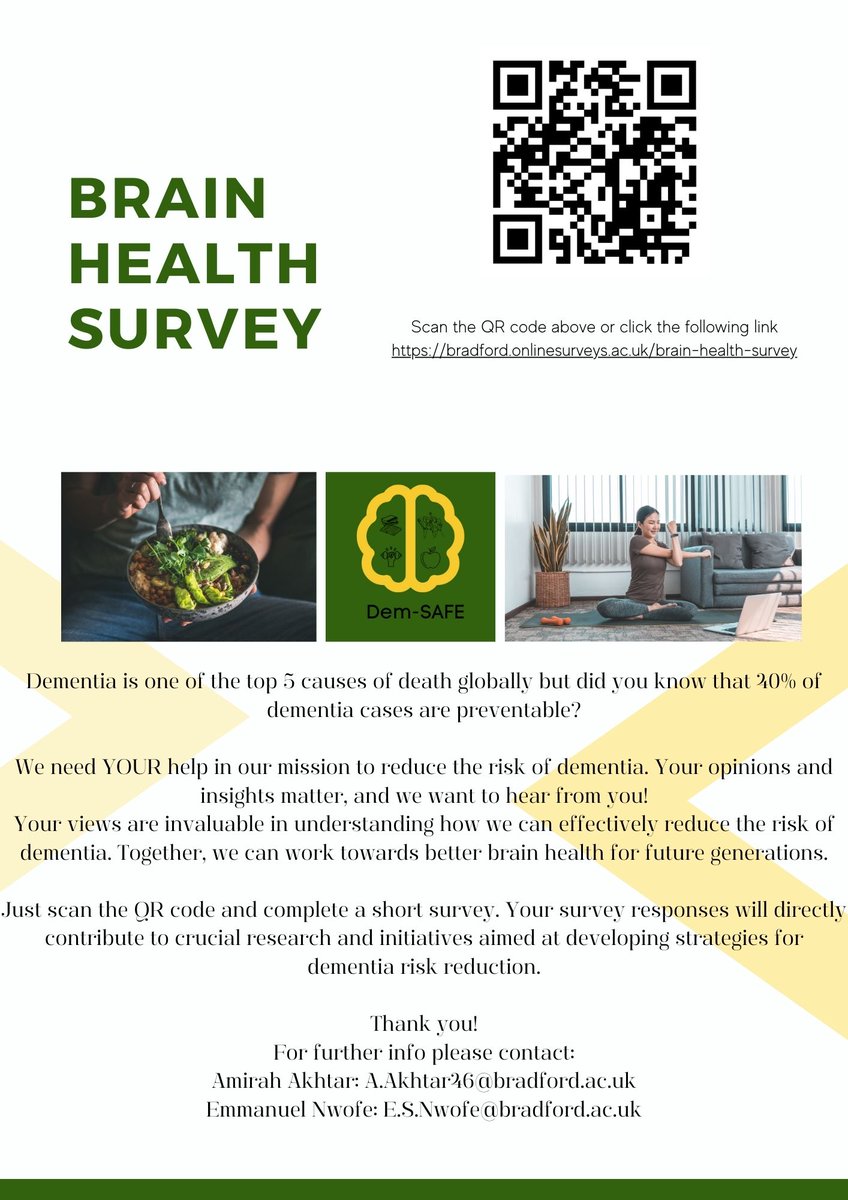 We want to know your opinions on #BrainHealth and #Dementia Prevention! If you're over 18 & NOT a carer please complete this #survey & share widely bradford.onlinesurveys.ac.uk/brain-health-s…