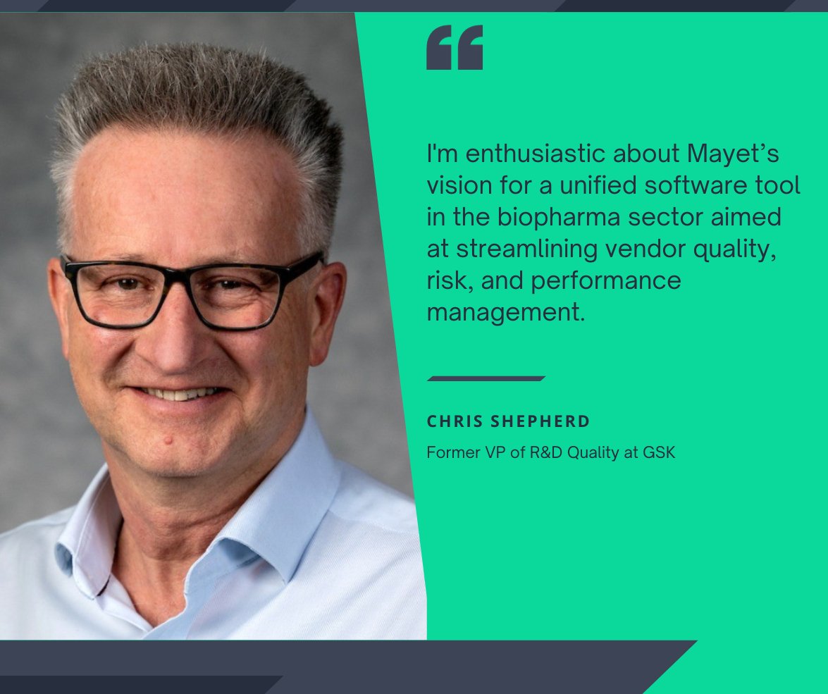 MayetRx's tweet photo. Excited to welcome Chris Shepherd, ex-VP at GSK and quality veteran, as our new advisor! His 30+ years of expertise will boost our product development and process efficiency. A major win for Mayet's future innovations. 🚀 More on our blog: https://t.co/rSCAzHmfjs
#growth #advisor https://t.co/6bwKQnWsEH
