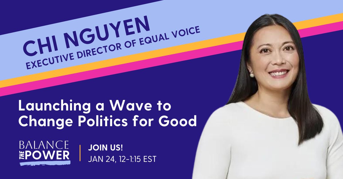 Get ready for a powerhouse voice on January 24!

Executive Director of <a href="/EqualVoiceCA/">Equal Voice</a>, <a href="/RunChiNguyenRun/">Chi Nguyen</a>, is on a mission to amplify diverse voices in politics.

Don't miss her expert insights at our #BalanceThePower launch!⚡️

Register today: balancethepower.ca/event-details/…