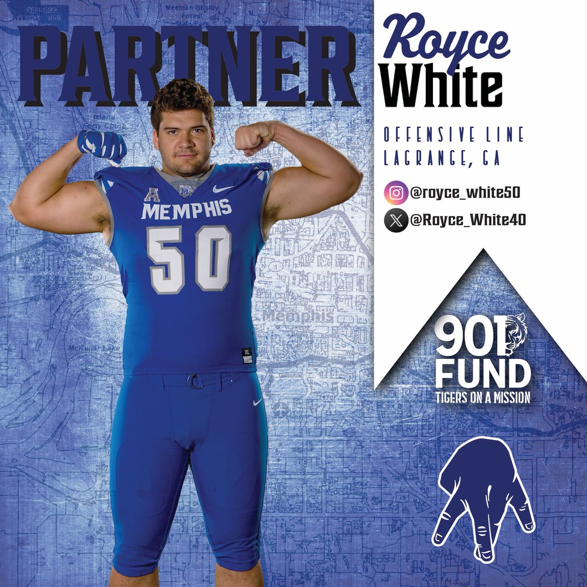 Royce_White40's tweet photo. 901 Fund provides NIL opportunities promoting local Memphis charities to student-athletes like me. Join today in supporting U of M tigers through a monthly or one-time football directed donation at https://t.co/1CiGjkzUUA ! #ad @901fund https://t.co/sAk842DtJp