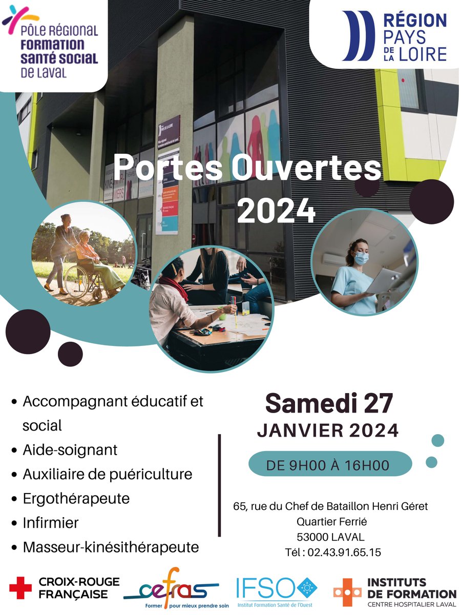 👨‍🎓Rdv samedi 27 janvier, 9h/16h pour les #portesouvertes des Instituts de formation du <a href="/CHLaval53/">CH Laval</a>  !
Rencontrez les étudiants et équipes pédagogiques des 3 filières : 
➡️masso-kinésithérapie,
➡️ergothérapie
➡️aides-soignants
Et visitez le pôle de formation santé-social de Laval