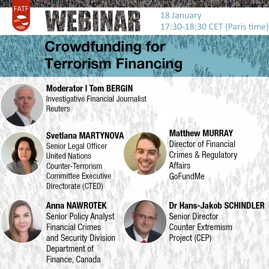 Join our panel of private and public sector experts for a webinar that looks at the methods used by terrorist groups to exploit crowdfunding for terrorism financing. ➡ Find out more, and to register for the webinar : fatf-gafi.org/en/topics/meth…