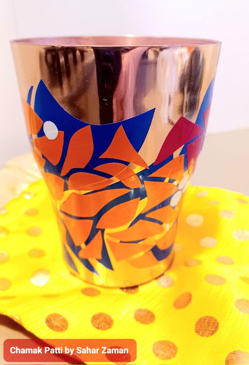 saharzaman's tweet image. Something new from my #ChamakPatti art range. This latest piece is another stunning copper goblet with the perfect sheen of waterproof lacquer and embellished with handcut reflective sticker that adds to its beauty! 
#goblet #tableware #reflective #glowinthedark #glowup #art