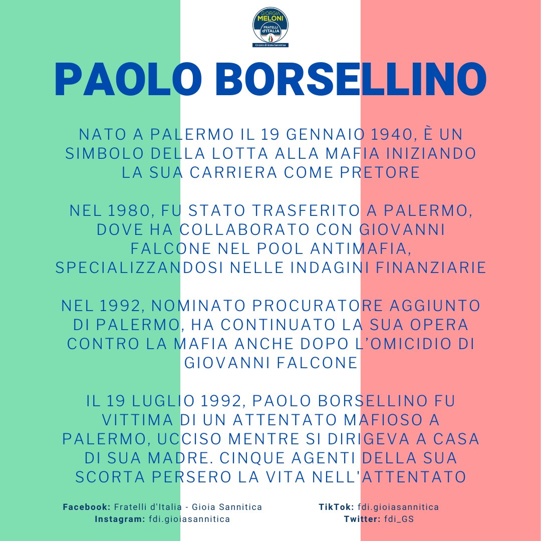 fdi_GS's tweet photo. PAOLO BORSELLINO: L’EROE CHE SFIDÒ LA MAFIA

Un eroe senza tempo. Ha dedicato la sua vita alla lotta contro la mafia, illuminando l'oscurità con il suo coraggio e la sua determinazione.

Oggi è un simbolo di speranza, resistenza e coraggio. https://t.co/7cL2fJph59