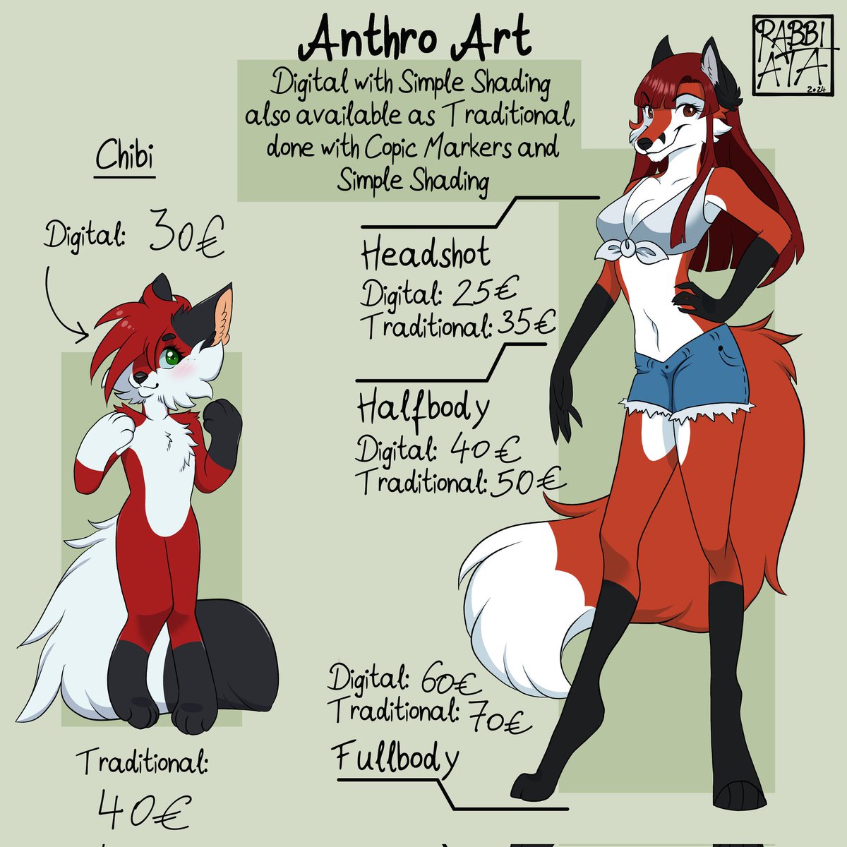 Rabbiata1's tweet photo. 🌻Updated Commission Information🌻

Prices are in €uro.
In e.g. US Dollars the prices is - when converted - a bit "higher". So like 40€ is around 44$.

You'll also get a reel (or tiktok) of the process (~ 30 sec) and if it's trad. art, most likely a speedpainting video on YT. https://t.co/hg0Jxo57hn