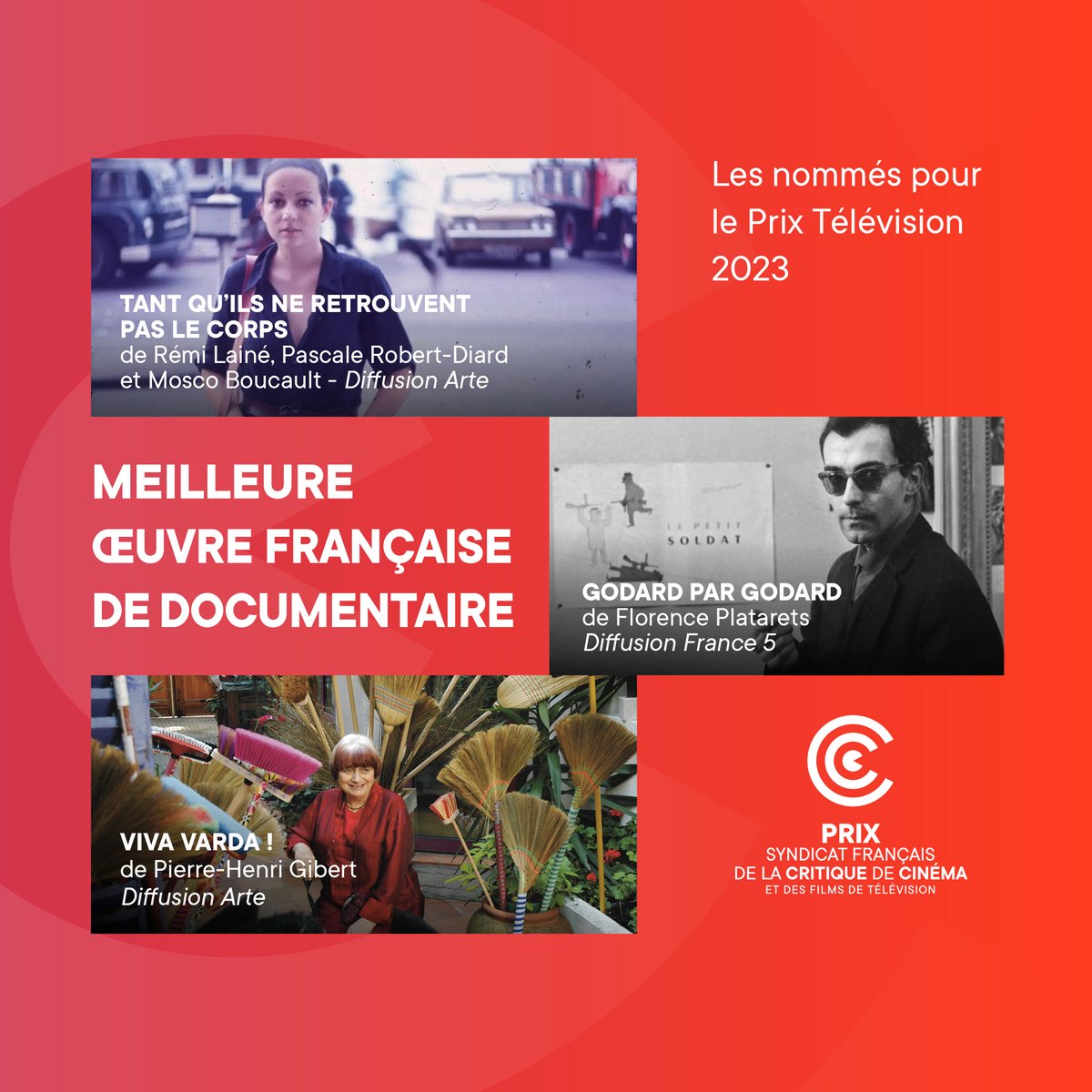 [📣 - Prix SFCC] Les nommés pour le Prix de la Meilleure Œuvre française de Documentaire sont TANT QU'ILS NE RETROUVENT PAS LE CORPS de Rémi Lainé et Pascale Robert-Diard, GODARD PAR GODARD de Florence Platarets et VIVA VARDA ! de Pierre-Henri Gibert ! 🏆Verdict le 12 février !