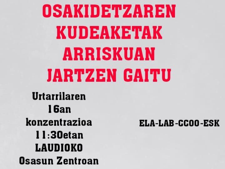 ZurrumurruAskea's tweet photo. Bihar gehiengo sindikalak Laudioko Osasun Zentroaren aurrean elkarteratzea deitu du. https://t.co/yyCkP6V9C1