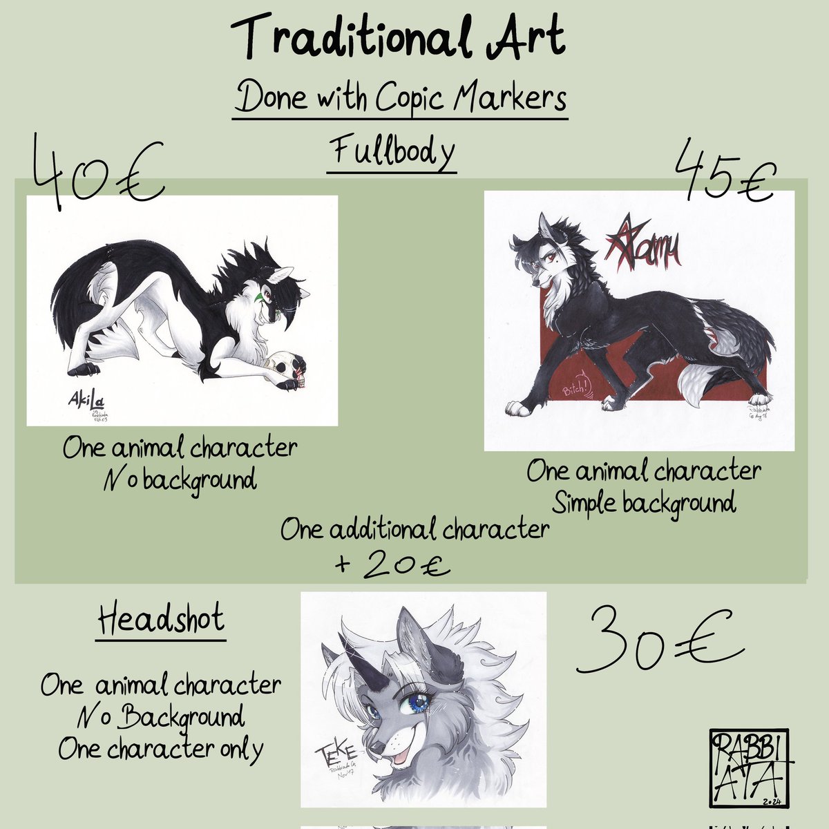 Rabbiata1's tweet photo. 🌻Updated Commission Information🌻

Prices are in €uro.
In e.g. US Dollars the prices is - when converted - a bit "higher". So like 40€ is around 44$.

You'll also get a reel (or tiktok) of the process (~ 30 sec) and if it's trad. art, most likely a speedpainting video on YT. https://t.co/hg0Jxo57hn