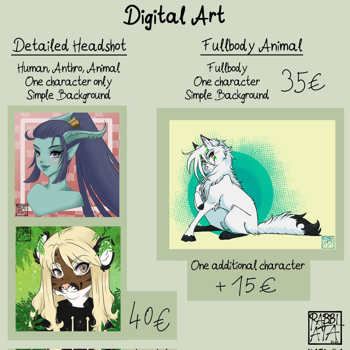 Rabbiata1's tweet photo. 🌻Updated Commission Information🌻

Prices are in €uro.
In e.g. US Dollars the prices is - when converted - a bit "higher". So like 40€ is around 44$.

You'll also get a reel (or tiktok) of the process (~ 30 sec) and if it's trad. art, most likely a speedpainting video on YT. https://t.co/hg0Jxo57hn