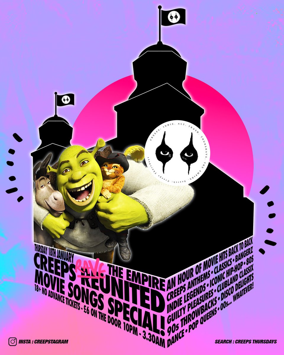 Creeps_Thursday's tweet photo. : C R E E P S X EMPIRE - MOVIE SONGS SPECIAL! 💖🎬💃🏻🎬 An Hour of Movie Song Hits, Singalongs &amp; Requests back to back to get the party started at The Empire this Thursday! 10PM.. THE EMPIRE #creepsxempire #middlesbrough #teesside #boro 🎬👀🎬 https://t.co/9EyXaY3iZk