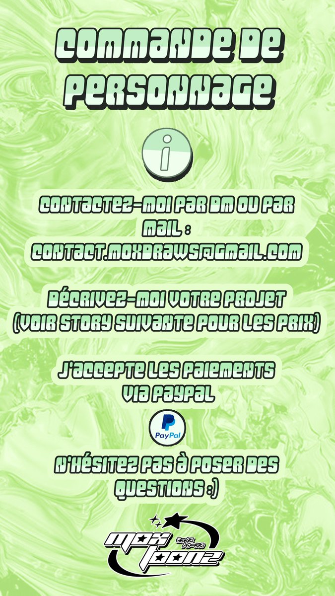 MoxToonz's tweet photo. COMMENT PASSER UNE COMMANDE ?

rien de plus simple:
- contactez-moi par DM ou par mail
- décrivez-moi votre projet (on va y bosser ensemble)
- les paiements se font par PAYPAL (ou virement peu importe, on peut s’arranger Dédé) https://t.co/raLCgrXpdP