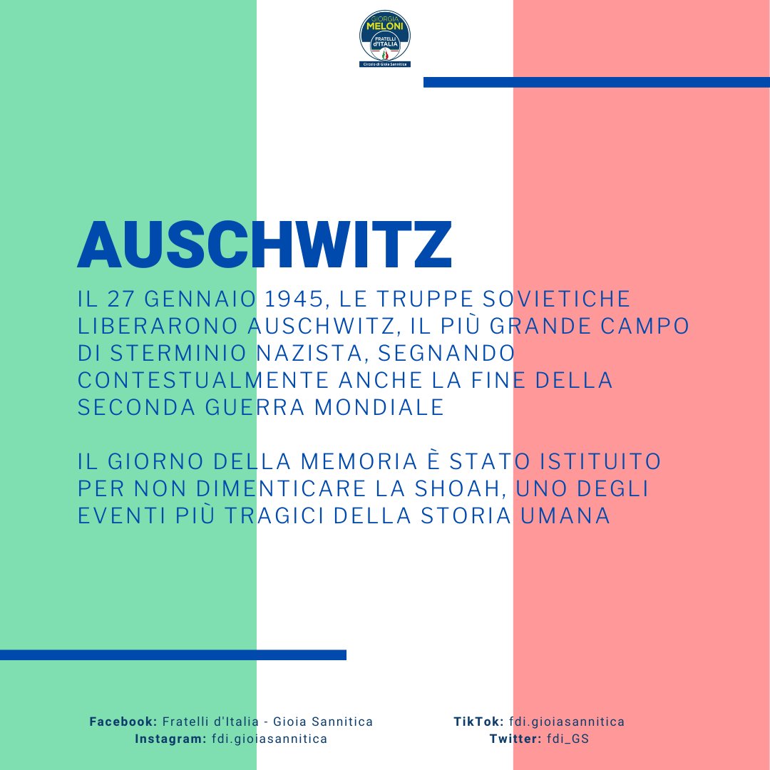 fdi_GS's tweet photo. 27 GENNAIO: GIORNO DELLA MEMORIA - PER NON DIMENTICARE

Il 27 gennaio, unisce il mondo nel ricordo delle vittime della Shoah, una tragedia che ha segnato la storia umana. La liberazione di Auschwitz nel 1945 è un faro di speranza. https://t.co/WfRmICSEJk