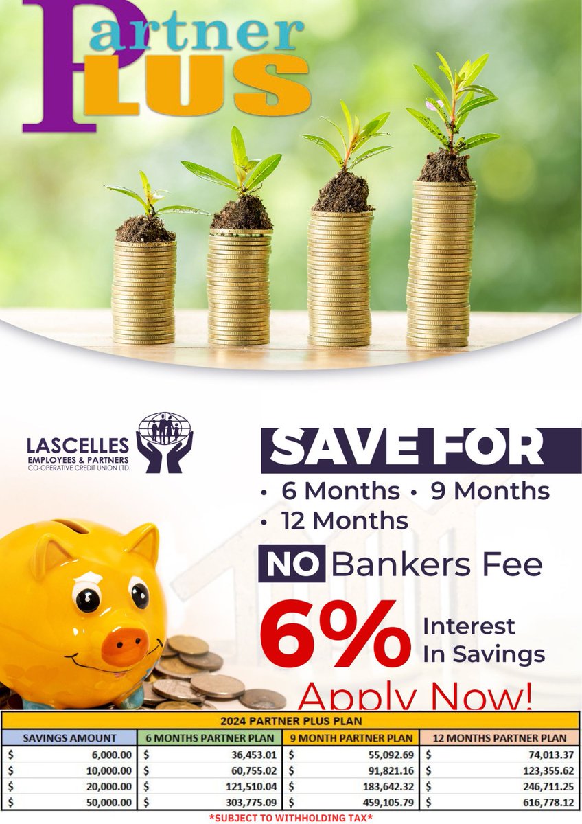 LascellesUnion's tweet photo. The time to start saving is RIGHT AWAY!
Call LEPCCU today and ask about our Partner Plus Savings Plan.
Get guaranteed interest of 6% per annum on your contributions of at least $2k monthly. 
Apply today!
*Conditions apply* https://t.co/tJDXgB8JMd