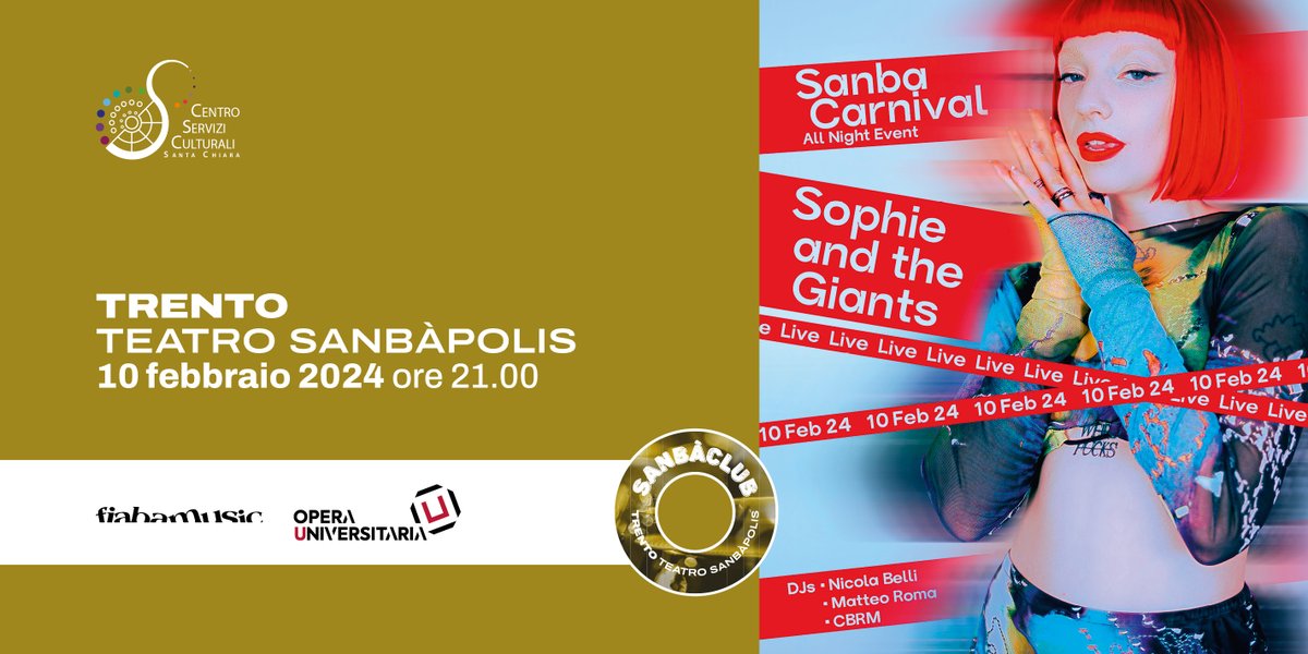 CentroSChiara's tweet photo. Sabato 10 febbraio arriva il SANBA CARNIVAL con SOPHIE &amp; THE GIANTS 💥 una grande festa di Carnevale all’insegna della musica tra dance, pop ed elettronica, con i successi del progetto musicale guidato da Sophie Scott!
Segue dj-set di Nicola Belli &amp; Matteo Roma e CBRM. https://t.co/20dyYfmywM