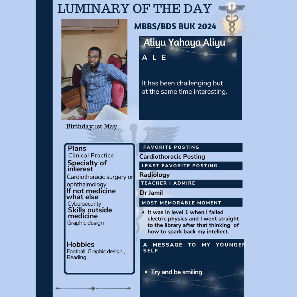 theluminaries24's tweet photo. Today’s luminary wants to smile more, but don’t get too intimated when he is frowning, he is very soft on the inside. Medicine is in his blood evidenced by his intuitiveness and keen observant eyes. Dr Aliyu Yahaya is the doctor we all want to see when we are ill. https://t.co/WW4hWLM9WA