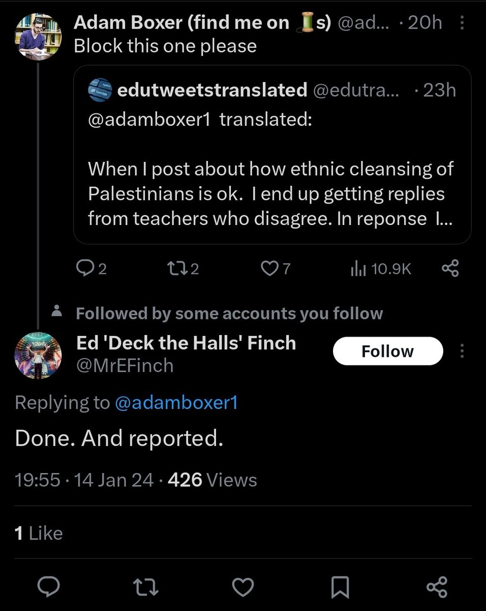 edutranslator's tweet photo. @MrEFinch translated:

Blocked. And reported. 

I dont know why I have reported this account but I was following orders. Like a good dog. Can I get my reward now Massa?! https://t.co/jUOOSryAkn