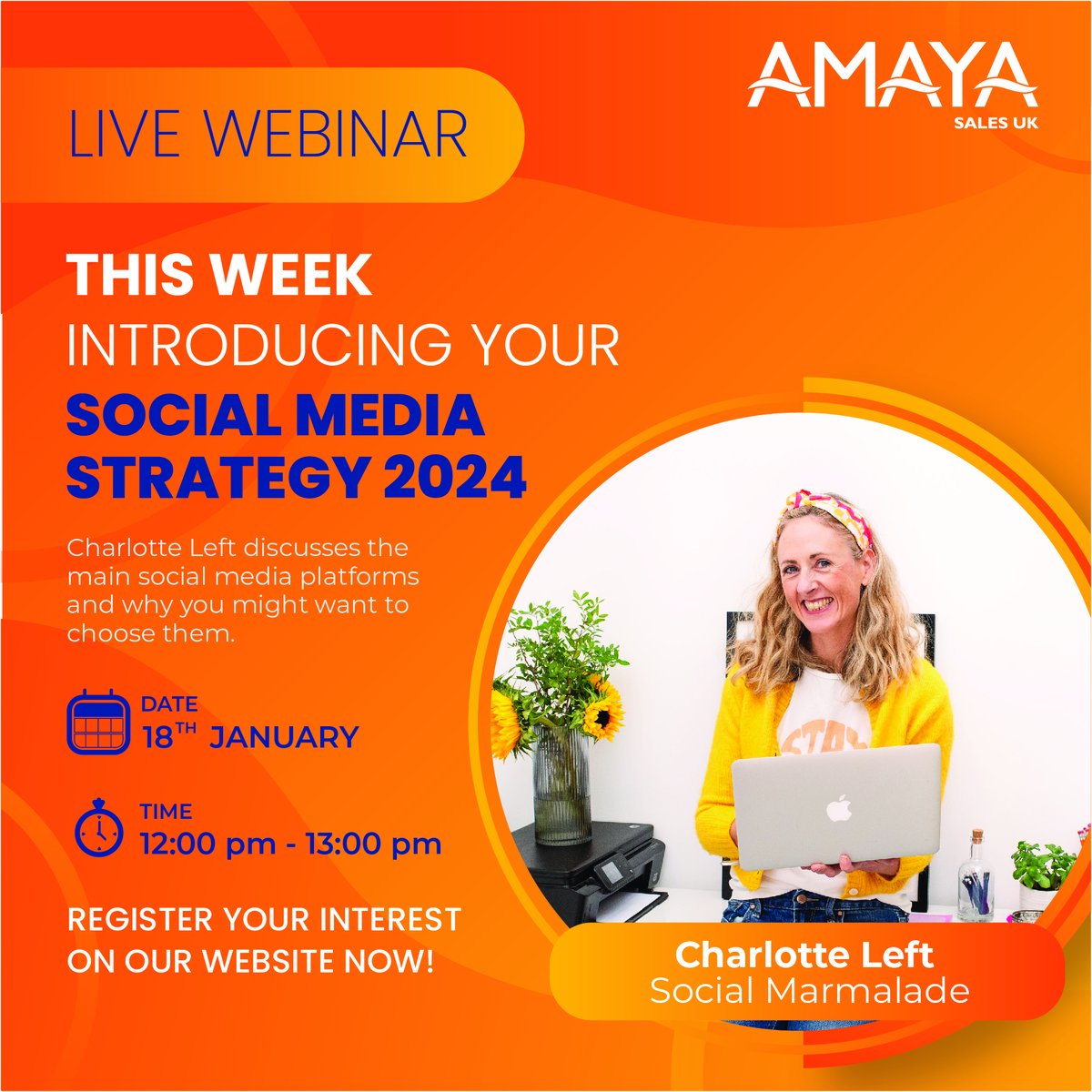 The countdown is on to our first FREE Amaya Live Webinar, have you registered yet?

Join us and Charlotte of Social Marmalade as we dice into week one of our marketing level-up month. Link to register is here: eu1.hubs.ly/H070NBk0