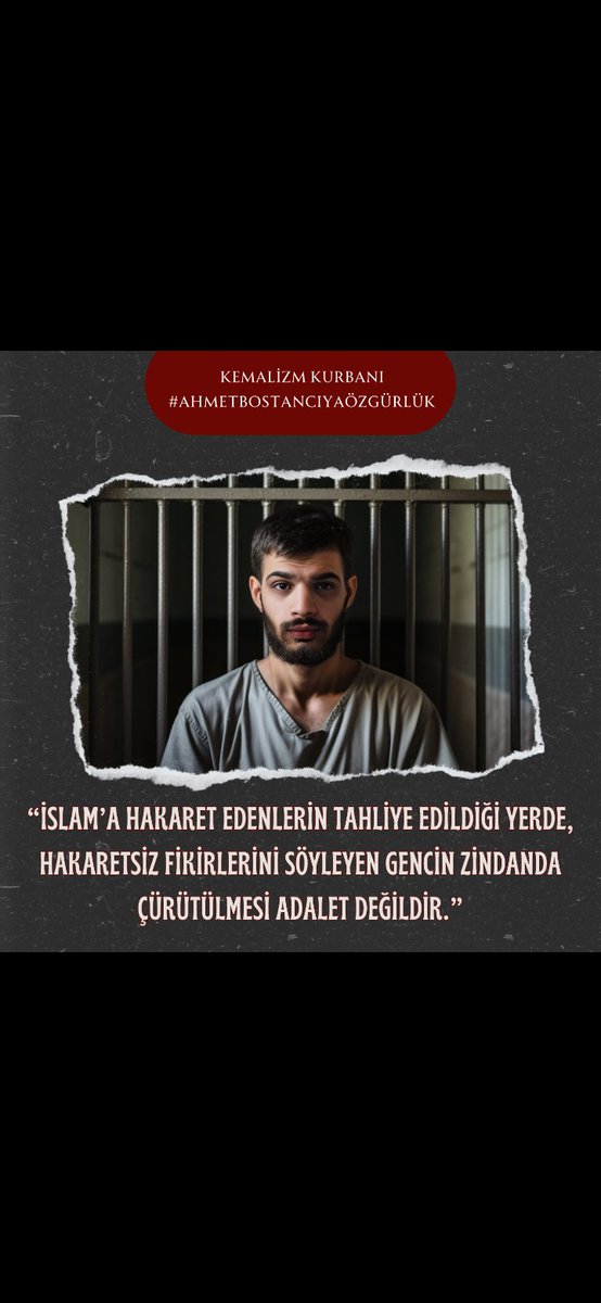 Kutsallarımıza Bariz hakaret eden insanlar fikir hürriyeti adı altında takipsizlik kararı alınırken ,hakaret ve argo kelime kullanmadan fikrini beyan eden insanlara yapılan hapis dayatması abes ile iştigaldir!!

Kemalizm Kurbanı
#AhmetBostancıyaÖzgürlük