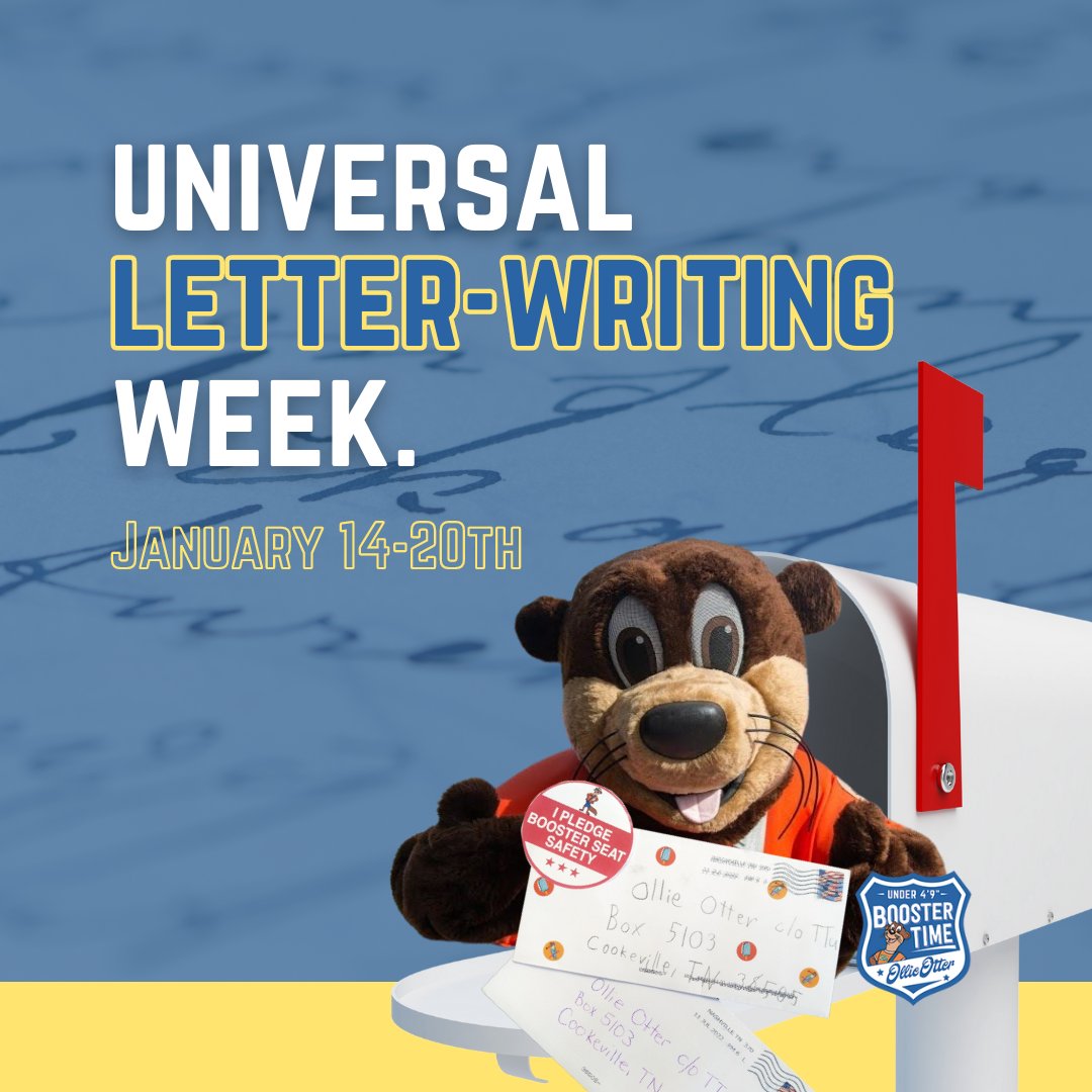 OllieOtter's tweet image. Did you know that this week is celebrated as Universal Letting Writing Week? 

Take some time this week to reflect and write to a friend, relative, mentor, or anyone who inspires, encourages, or supports you! 

#UniversalLetterWritingWeek #OllieOtterTN #BuckleUp