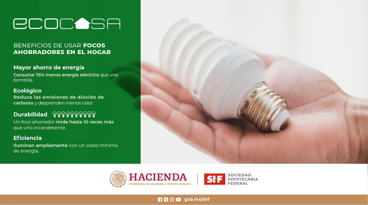 SHFoficial's tweet photo. Usar focos ahorradores en tu hogar consumen una tercera parte de energía y aportan mayor iluminación, lo que reduce la contaminación.
#EcoCasa #ViviendaSustentable #ViviendaAdecuada #Ecotecnologías https://t.co/JTZhAzuFMt