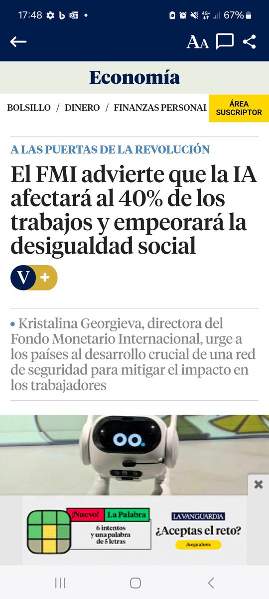 El #FMI aporta más datos sobre el impacto de #IA en el mercado laboral. Visto en La vanguardia. Será imprescindible construir una red de #protección social para mitigar este impacto en los trabajadores más #vulnerables.