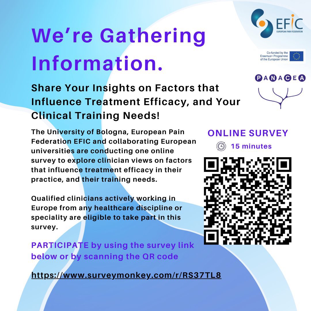 European Pain Federation EFIC® (@efic_org) on Twitter photo The University of Bologna, EFIC, and other European universities are conducting an online survey to investigate clinician perspectives on treatment efficacy factors and training needs.
Link to survey: brnw.ch/21wFZwS <a href="/MaryOKeeffe007/">Mary O'Keeffe</a> <a href="/Unibo/">Università di Bologna</a> The University of Bologna, EFIC, and other European universities are conducting an online survey to investigate clinician perspectives on treatment efficacy factors and training needs.
Link to survey: brnw.ch/21wFZwS <a href="/MaryOKeeffe007/">Mary O'Keeffe</a> <a href="/Unibo/">Università di Bologna</a>