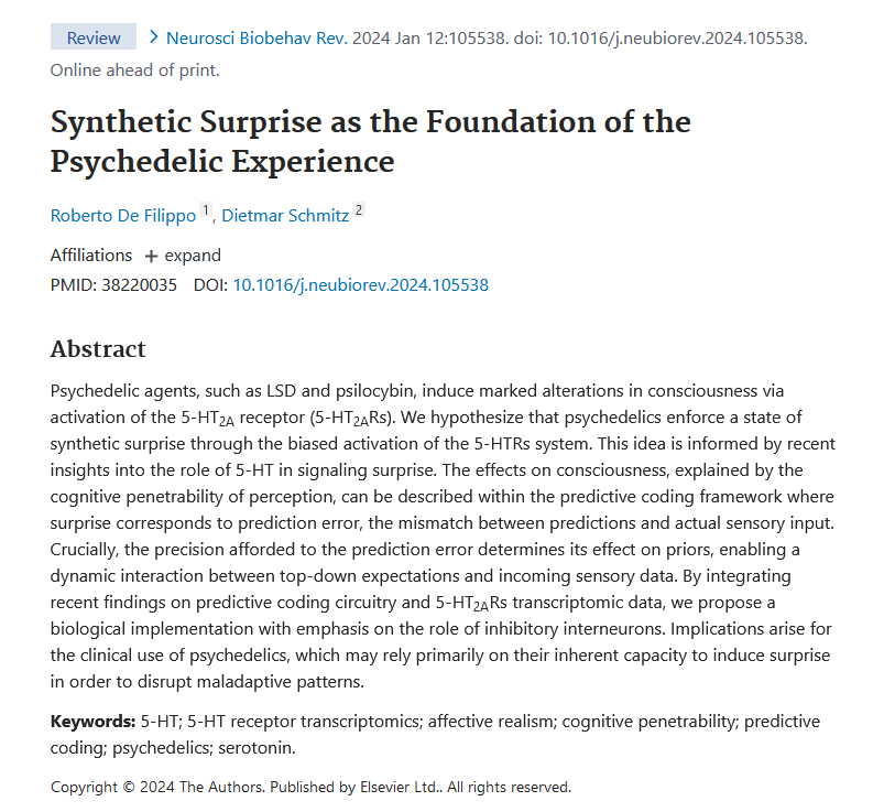 Psychedelics work by inducing 'a state of synthetic surprise' - new theory pubmed.ncbi.nlm.nih.gov/38220035/ Whoa!😮!