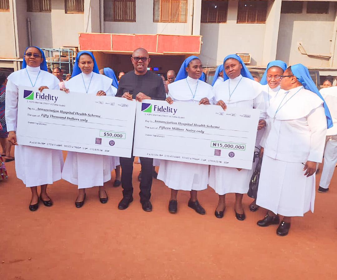 PeterObi's tweet photo. Yesterday, I had the pleasure of presenting cheques of N75 million ($50,000 and N15 million) to Annunciation Specialist Hospital, Enugu. The hospital is, managed by the Daughters of Divine Love, DDL Sisters Congregation. https://t.co/50EwWGkanj