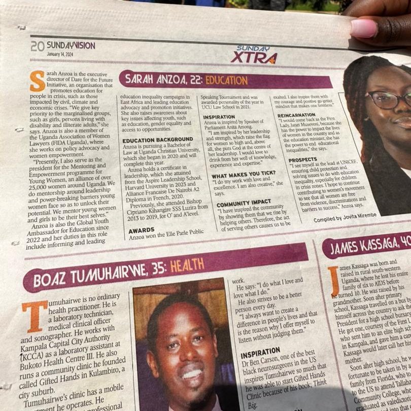 SarahAnzoa's tweet image. I'm very thankful to God that i got the opportunity to be among @newvisionwire 40 under 40 Ugandans. Its humbling to know that my efforts in ensuring education for people in Crisis impacted areas under @educ_ForAll and empowering women and girls gets recognized. Aluta continua