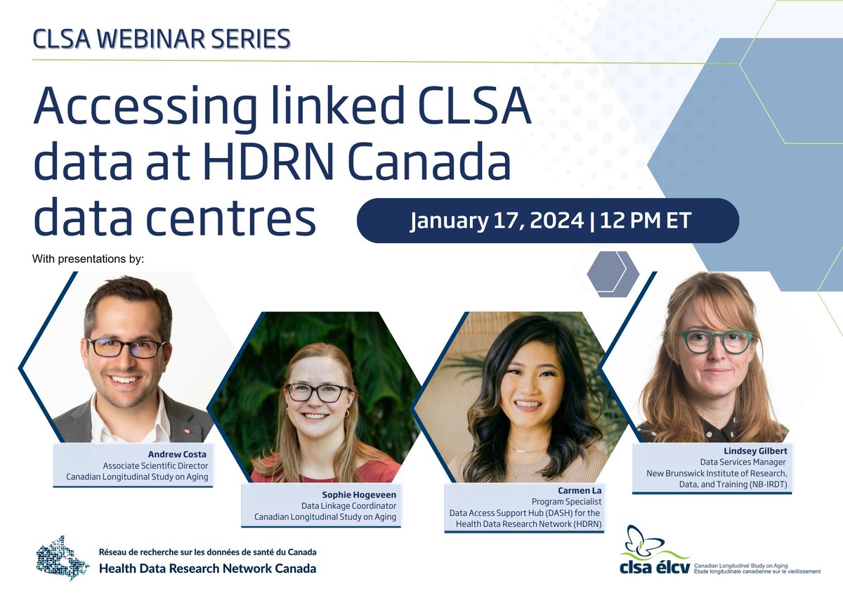 Canadian Longitudinal Study on Aging (CLSA) (@clsa_elcv) on Twitter photo Join us Wednesday at noon for the next #CLSAWebinar, with <a href="/hdrn_rrds/">HDRN Canada - RRDS Canada</a> Carmen La, <a href="/NBIRDT_UNB/">NB-IRDT</a>'s Lindsey Gilbert & <a href="/Andrew_P_Costa/">Andrew Costa</a> & <a href="/SophieHogeveen/">Sophie Hogeveen, PhD</a> of the CLSA, exploring CLSA data linkage with healthcare databases & the process for access.
To register: ow.ly/7Awg50Qok2b Join us Wednesday at noon for the next #CLSAWebinar, with <a href="/hdrn_rrds/">HDRN Canada - RRDS Canada</a> Carmen La, <a href="/NBIRDT_UNB/">NB-IRDT</a>'s Lindsey Gilbert & <a href="/Andrew_P_Costa/">Andrew Costa</a> & <a href="/SophieHogeveen/">Sophie Hogeveen, PhD</a> of the CLSA, exploring CLSA data linkage with healthcare databases & the process for access.
To register: ow.ly/7Awg50Qok2b