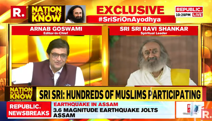 republic's tweet photo. #SriSriOnAyodhya | Hundreds of Muslims are taking part in the celebrations. There were Sufi Muslims and they presented me Tulsi Ramayana. They knew Chaupais as well: Global humanitarian and spiritual leader Sri Sri Ravi Shankar (@SriSri) 

Tune in for #TheNationWantsToKnow with Arnab - https://t.co/xOAyRqxxde

#NationWantsToKnow #RamTemple #Ayodhya #RamMandir #AyodhyaTemple #ArnabGoswami #RamTemple #RamMandirUtsav #AyodhyaDham #AyodhyaRamTemple #AyodhyaJanmBhoomi #SriSriRaviShankar