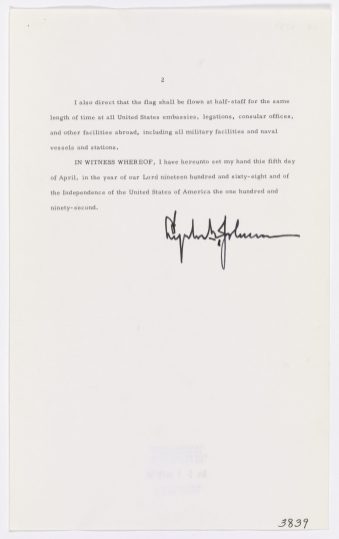 President Johnson's address declaring a national day of mourning for Martin Luther King. -WJ