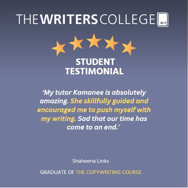 Writerscollege's tweet photo. A happy graduate of our Copywriting Course, Shaheena Links, had nothing but praise for her course. Keen to learn how to write and design killer ad campaigns? Find the course details here: https://t.co/rnjPPEUxTr
#writerscollegereview #studywriting #copywritingcourse https://t.co/uJLEAHH9Oa