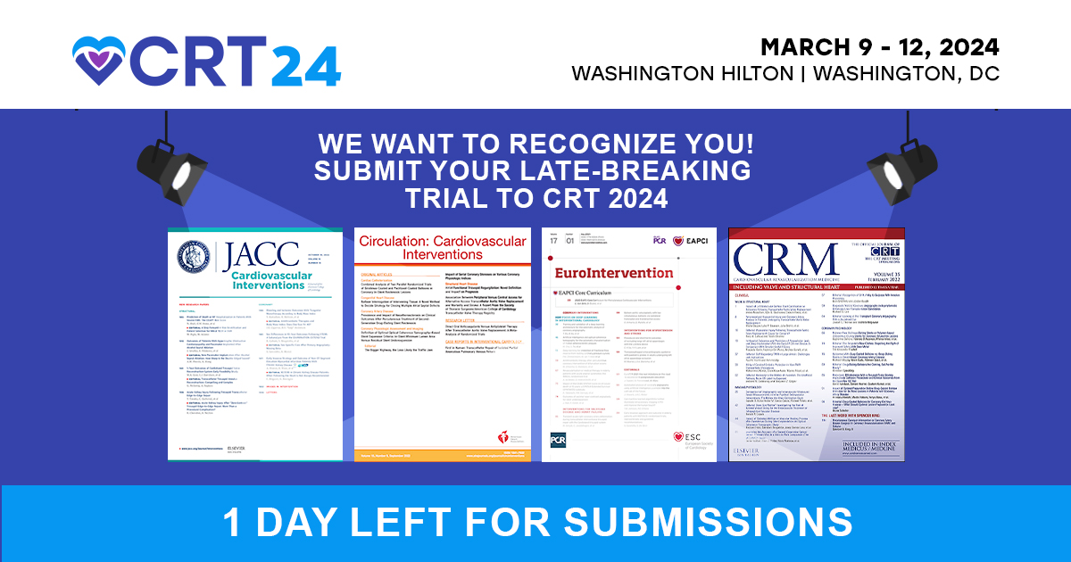 Don't Delay! #CRT2024 Late-Breaking Trial submissions close tomorrow at 5 PM ET 🕔. Don't miss this opportunity to take the spotlight and present your research. Submissions portal: ow.ly/SUMx50QqUPU

#interventionalcardiology #interventionalcardiologyfellows #cardiology