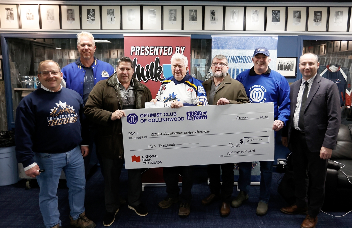 OJHLOfficial's tweet image. The Collingwood Community gives back to support our players. Members of the Collingwood Optimist Club Present the OJHL Foundation a donation of $2,000 at the Eddie Bush Memorial Arena on January 13, 2024 in Ontario, Canada. @CwoodBluesJrA #firstassist #OJHLFoundation #players1st