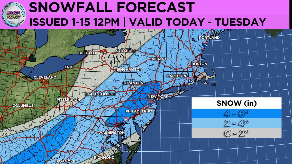 wxreboot's tweet photo. Here's our team's snowfall forecast for today and tomorrow. This snow will be much drier in nature than the last storm, as temperatures across the Mid-Atlantic and Northeast regions are much colder. Therefore, we expect higher-ratio snowfall, with a maximum zone of 4 - 6 inches running northwest of the I-95 corridor from northern Maryland to the lower Hudson Valley. Closer to the coast, there could be mixing issues leading to slightly lower snowfall amounts. Stay tuned for updates!