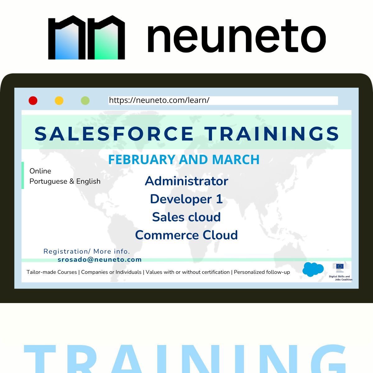 NeuNetoIT's tweet photo. NeuNeto opens the first Salesforce Training classes of 2024!
Classes tailored to the needs of each situation. 100% success rate. 
Start the year with a step forward in your career. 
More information by message or srosado@neuneto.com https://t.co/xLgYm4QSoO