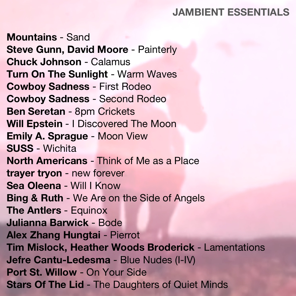 Presenting ‘Jambient Essentials’ - a playlist with friends, collaborators and fellow surfers on the infinite wave. 

the Cowboy Sadness LP is out Friday!
open.spotify.com/playlist/7eEy3…