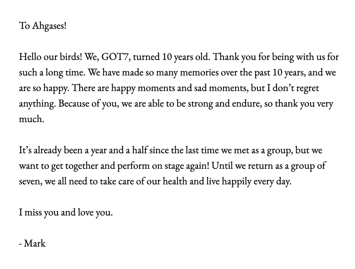 inquirerdotnet's tweet photo. "We have made so many memories over the past 10 years, and we are so happy. There are happy moments and sad moments, but I don’t regret anything. Because of you, we are able to be strong and endure, so thank you very much," writes @GOT7's Mark Tuan. | @dnvrdelrosario 

#GOT7 #IGOT7 
#GOT7FOREVER #ADecadeWithGOT7