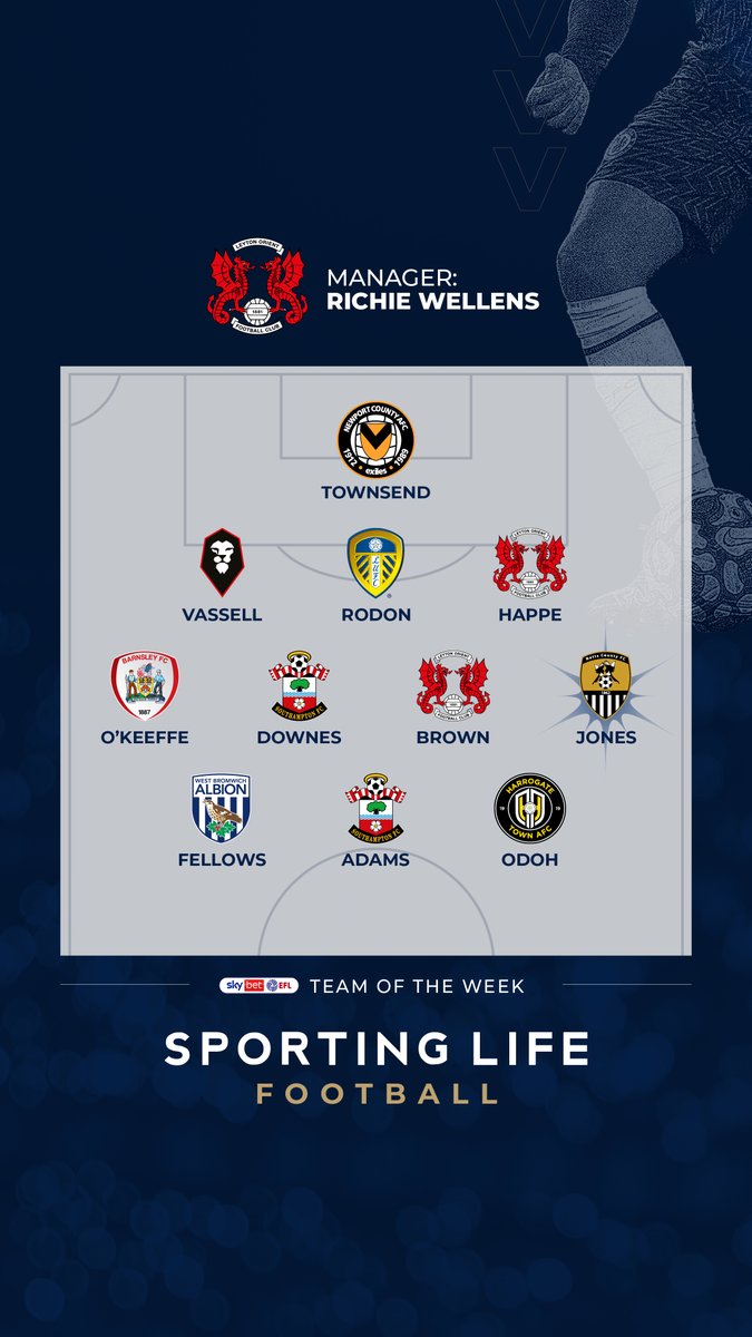 Sporting Life FC (@sportinglifefc) on Twitter photo Sky Bet EFL Team of the Week ⚽️⭐️
GK: <a href="/ntownsend94/">Nicholas Townsend 🇦🇬</a>
CB: @TheoVassell
CB: Joe Rodon
CB: <a href="/dannyhappe/">Dan Happe</a>
RWB: <a href="/coreyokeeffe10/">Corey O’Keeffe</a>
CM: Flynn Downes
CM: <a href="/jordbrown8/">Jordan Brown</a>
LWB: <a href="/JodsJones/">Jodi Jones</a>
FW: Tom Fellows
FW: <a href="/CheAdams_/">Ché Adams</a>
FW: <a href="/_abrahamodoh/">Abraham Odoh</a>
Manager: <a href="/RichieWe11ens/">Richie Wellens</a> Sky Bet EFL Team of the Week ⚽️⭐️
GK: <a href="/ntownsend94/">Nicholas Townsend 🇦🇬</a>
CB: @TheoVassell
CB: Joe Rodon
CB: <a href="/dannyhappe/">Dan Happe</a>
RWB: <a href="/coreyokeeffe10/">Corey O’Keeffe</a>
CM: Flynn Downes
CM: <a href="/jordbrown8/">Jordan Brown</a>
LWB: <a href="/JodsJones/">Jodi Jones</a>
FW: Tom Fellows
FW: <a href="/CheAdams_/">Ché Adams</a>
FW: <a href="/_abrahamodoh/">Abraham Odoh</a>
Manager: <a href="/RichieWe11ens/">Richie Wellens</a>