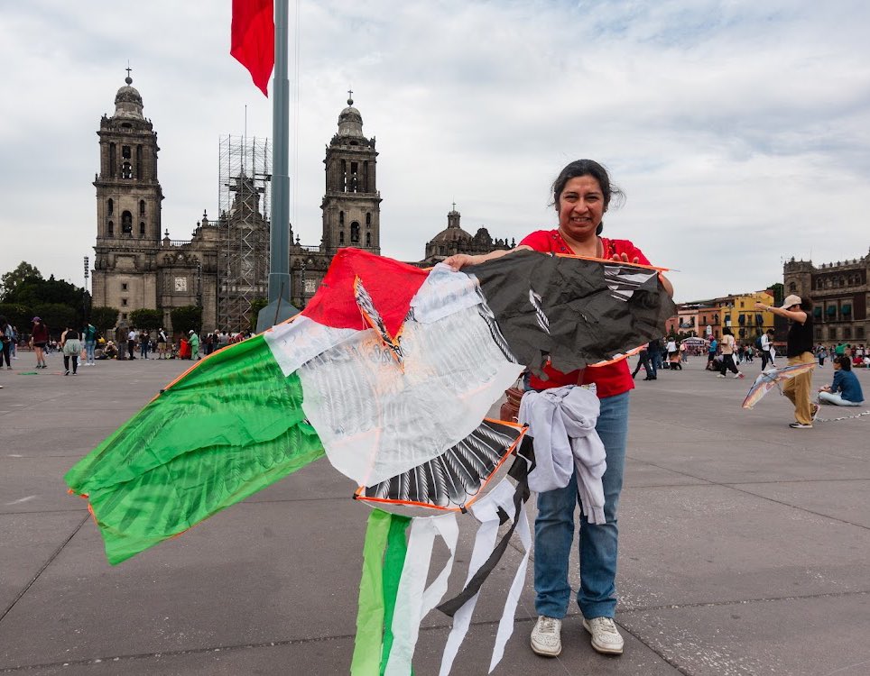VIM_Media's tweet photo. Kites in solidarity with Palestine from Mexico City. These kites are a symbol of hope as more than 10,000 Palestinian children have been killed by Israel’s assault. ❤️🖤🤍💚 #KitesInSolidarity #CeasefireNOW #FreePalestine 📸:@RickRL__ https://t.co/qzwpDcaLF9
