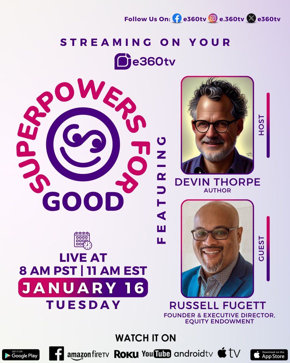 Excited to share tomorrow's episode of Superpowers for Good on @e360tv with @russellfugett of Equity Endowment 

Download the #e360tv channel app to your streaming device. The show airs at 11 AM EST. 

#SuperCrowdBaltimore #ImpactCrowdfunding #DiverseFounders #SocialEntrepreneurs