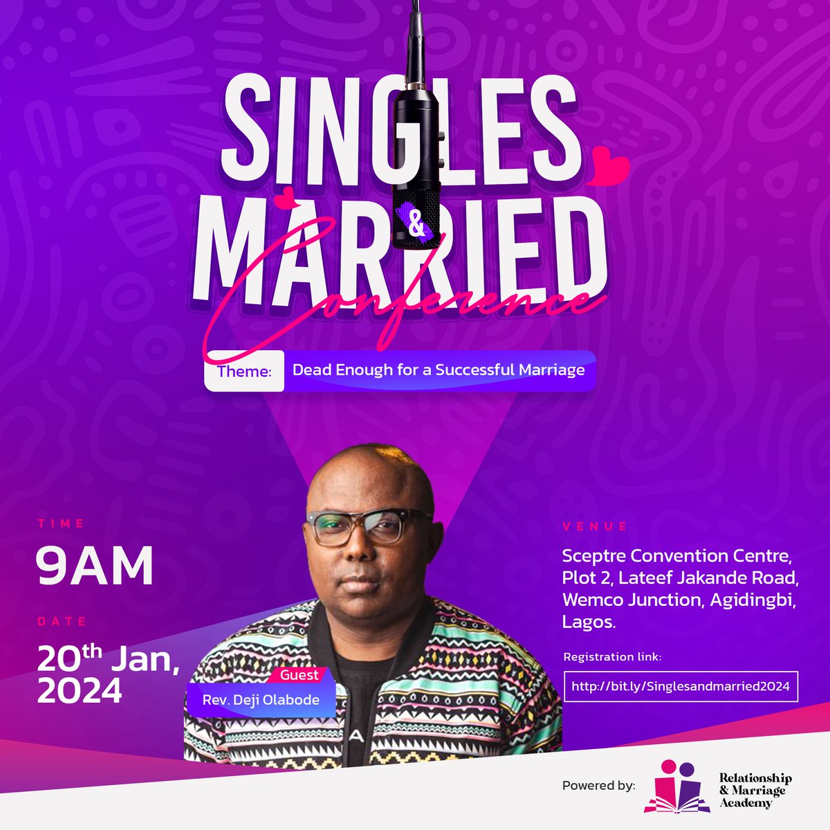 DrSeunOlabode's tweet photo. Calling all singles and married individuals! Get ready to be inspired and empowered at our upcoming conference featuring the renowned @revdejiOlabode this is an event you won't want to miss! ���

This event is free 💯
Register to claim your spot:
https://t.co/08KKbaHESh https://t.co/LD0Ku4B3gK