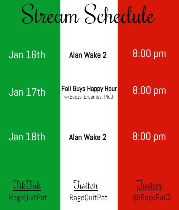 Schedule!! But not only that My friends and I are Phase 1 streamers on <a href="/Twitch/">Twitch</a> ! We don’t get paid hourly or anything but we’re streaming on that purple platform! <a href="/beezyplayzz/">Beezy 💙💛</a> <a href="/ErcamusTTV/">Ercamus</a> <a href="/Plut0_19/">Plut0 👨🏼‍🚀🚀💫</a> 

Twitch.tv/RageQuitPat