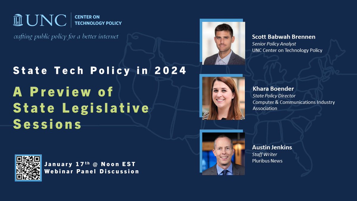 Don't forget to join us tomorrow as we discuss the outlook for tech policy in state legislative sessions for 2024. Register for the event at unc.zoom.us/webinar/regist…